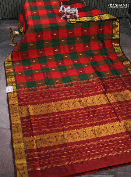 Silk cotton saree red bottle green and maroon with allover paalum pazhamum checks & zari buttas and paisley zari woven border