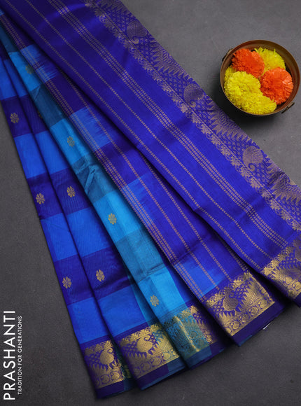 Silk cotton saree cs blue and blue with allover paalum pazhamum checks & zari buttas and temple & paisley zari woven border