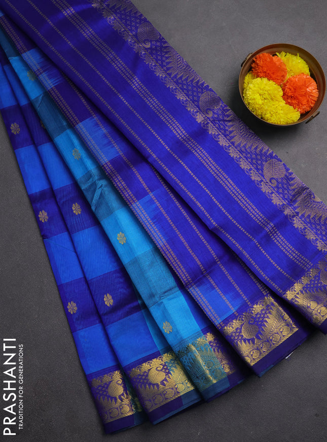 Silk cotton saree cs blue and blue with allover paalum pazhamum checks & zari buttas and temple & paisley zari woven border