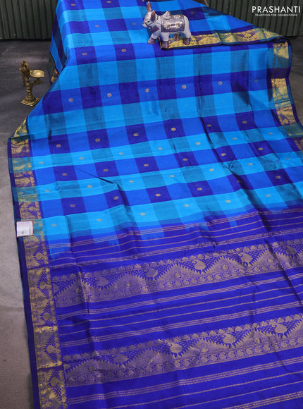 Silk cotton saree cs blue and blue with allover paalum pazhamum checks & zari buttas and temple & paisley zari woven border