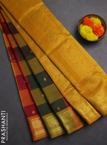 Silk cotton saree multi colour and mustard yellow with allover paalum pazhamum checks & zari buttas and temple & paisley zari woven border