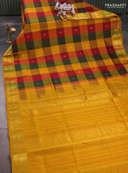 Silk cotton saree multi colour and mustard yellow with allover paalum pazhamum checks & zari buttas and temple & paisley zari woven border