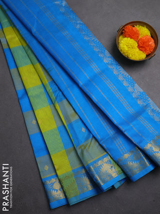 Silk cotton saree lime yellow and cs blue with allover paalum pazhamum checks & zari buttas and temple & paisley zari woven border