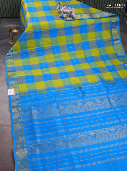 Silk cotton saree lime yellow and cs blue with allover paalum pazhamum checks & zari buttas and temple & paisley zari woven border