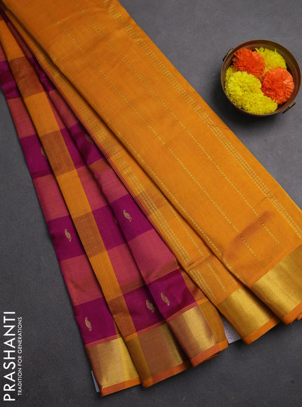 Silk cotton saree purple and dark mustard with allover paalum pazhamum checks & zari buttas and zari woven border