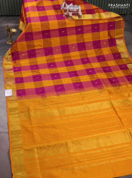 Silk cotton saree purple and dark mustard with allover paalum pazhamum checks & zari buttas and zari woven border