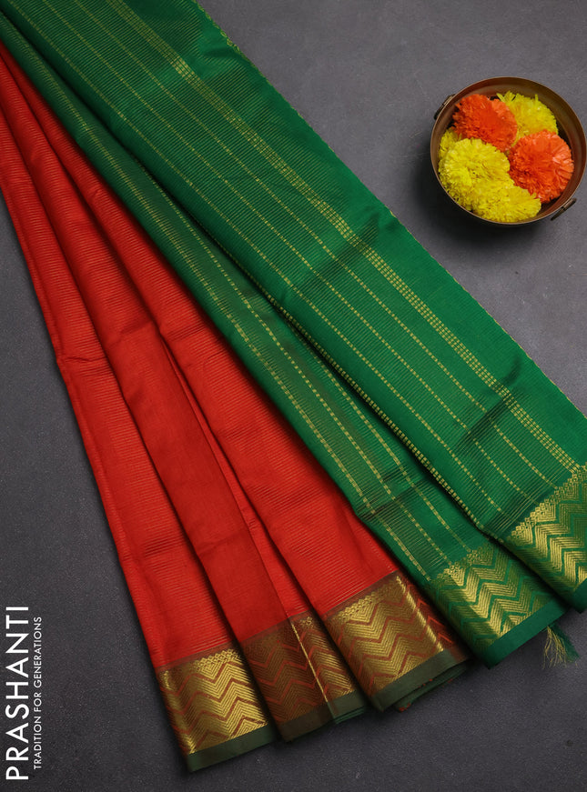 Silk cotton saree orange and green with allover vairaosi pattern and zari woven border