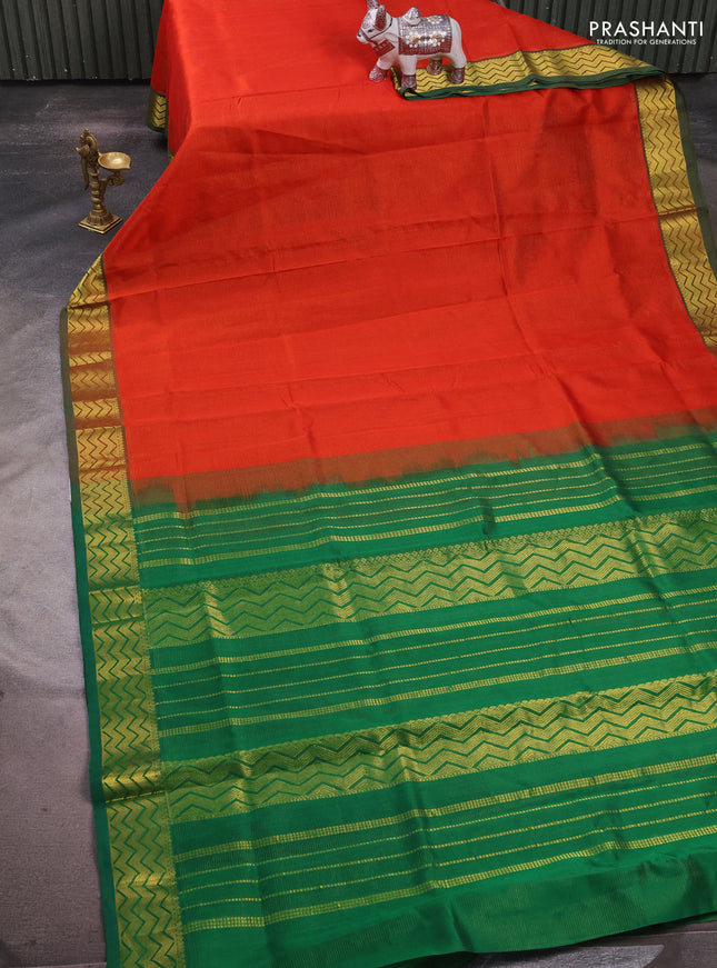 Silk cotton saree orange and green with allover vairaosi pattern and zari woven border