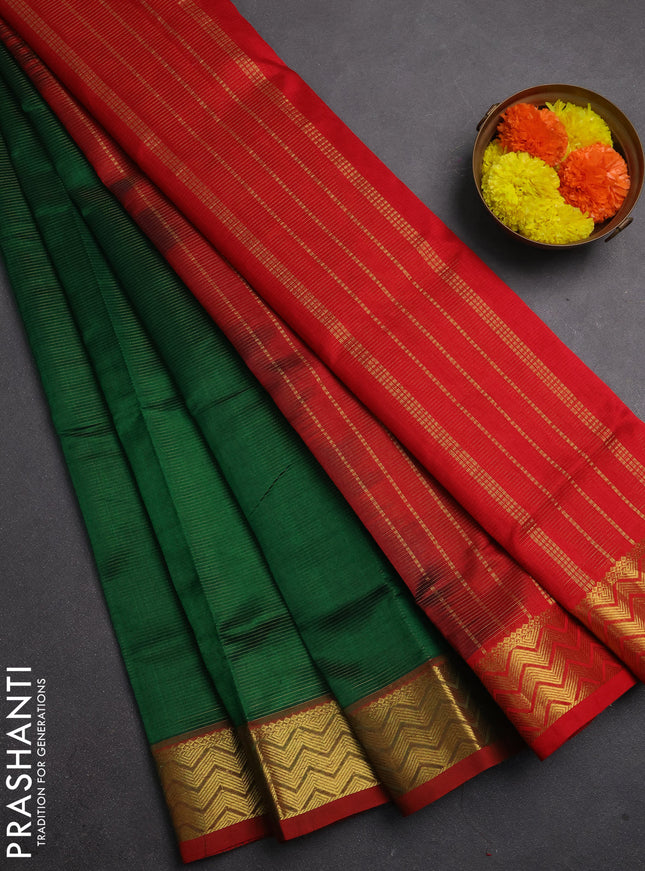 Silk cotton saree green and red with allover vairaosi pattern and zari woven border