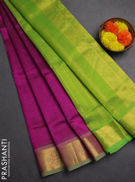 Silk cotton saree purple and light green with allover vairaosi pattern and zari woven border