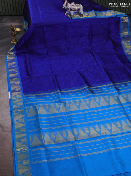 Silk cotton saree blue and cs blue with allover self emboss jacquard and zari woven border