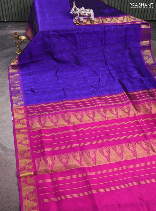 Silk cotton saree violet and magenta pink with allover self emboss jacquard and zari woven border