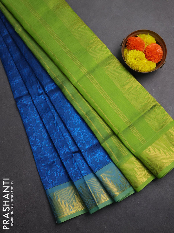 Silk cotton saree cs blue and light green with allover self emboss jacquard and temple zari woven border