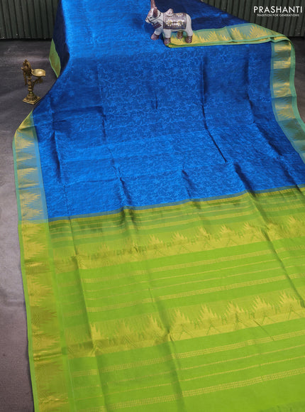 Silk cotton saree cs blue and light green with allover self emboss jacquard and temple zari woven border