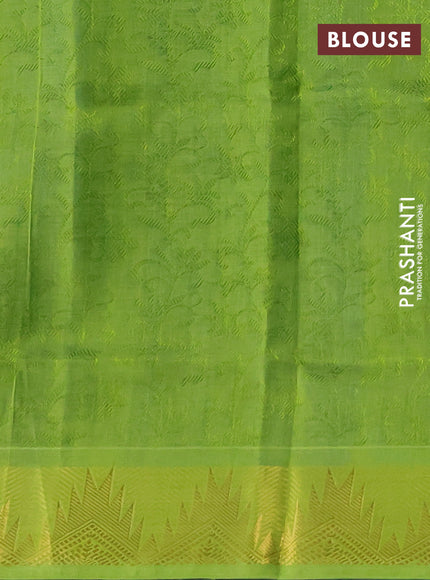 Silk cotton saree cs blue and light green with allover self emboss jacquard and temple zari woven border
