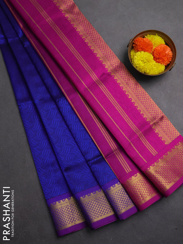 Silk cotton saree blue and purple with allover self emboss jacquard and zari woven border