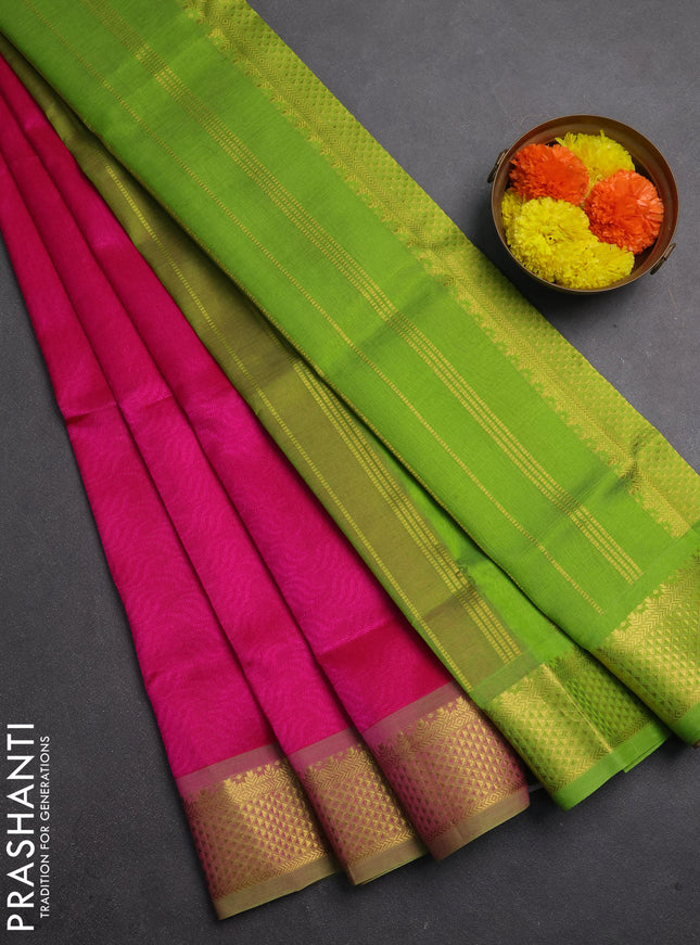 Silk cotton saree pink and light green with allover self emboss jacquard and zari woven border