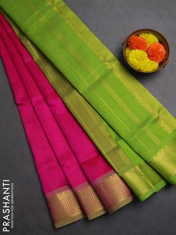 Silk cotton saree pink and light green with allover self emboss jacquard and zari woven border