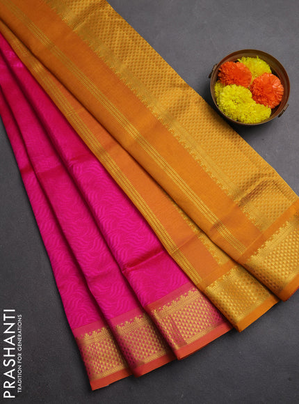 Silk cotton saree pink and mustard yellow with allover self emboss jacquard and zari woven border