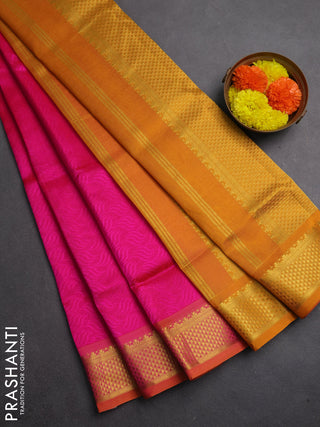 Silk cotton saree pink and mustard yellow with allover self emboss jacquard and zari woven border