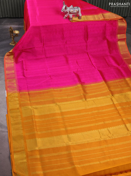 Silk cotton saree pink and mustard yellow with allover self emboss jacquard and zari woven border