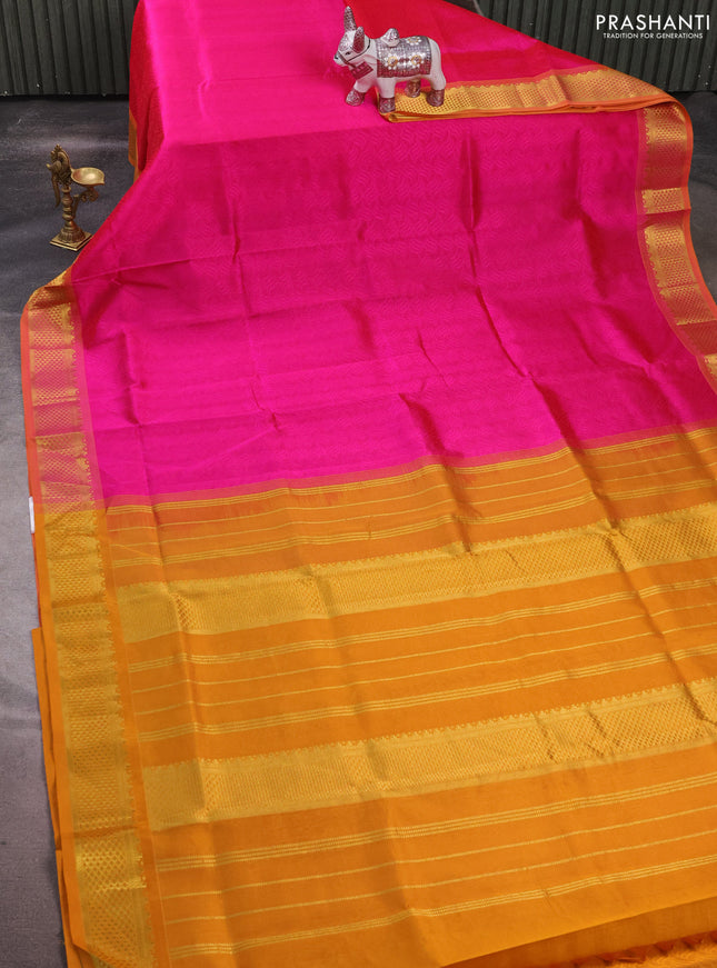 Silk cotton saree pink and mustard yellow with allover self emboss jacquard and zari woven border