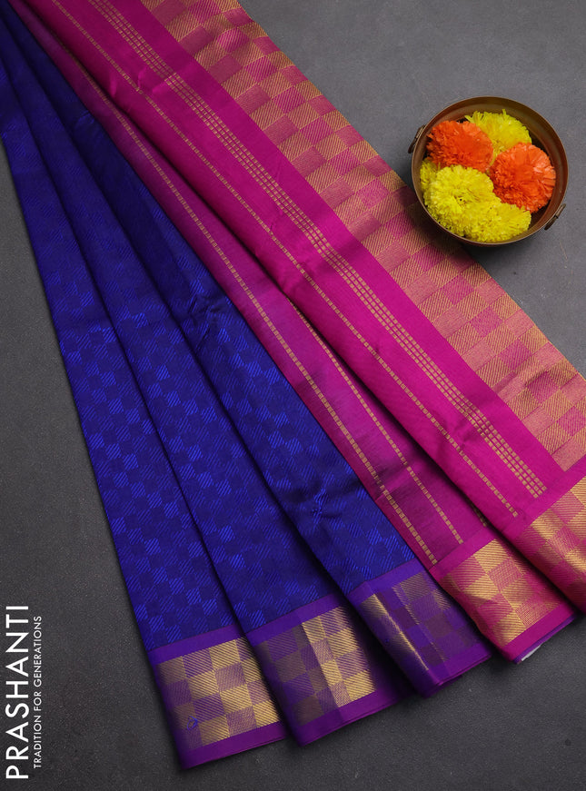 Silk cotton saree blue and purple with allover self emboss jacquard and zari woven border