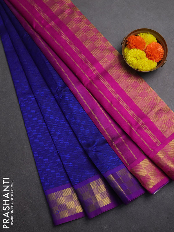 Silk cotton saree blue and purple with allover self emboss jacquard and zari woven border