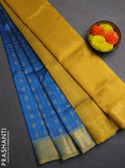 Silk cotton saree cs blue and mustard yellow with allover zari checks & buttas and zari woven border