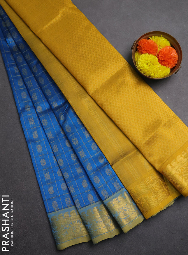 Silk cotton saree cs blue and mustard yellow with allover zari checks & buttas and zari woven border