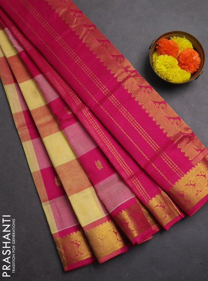 Silk cotton saree pale yellow and pink with allover paalum pazhamum checks & zari buttas and paisley zari woven border