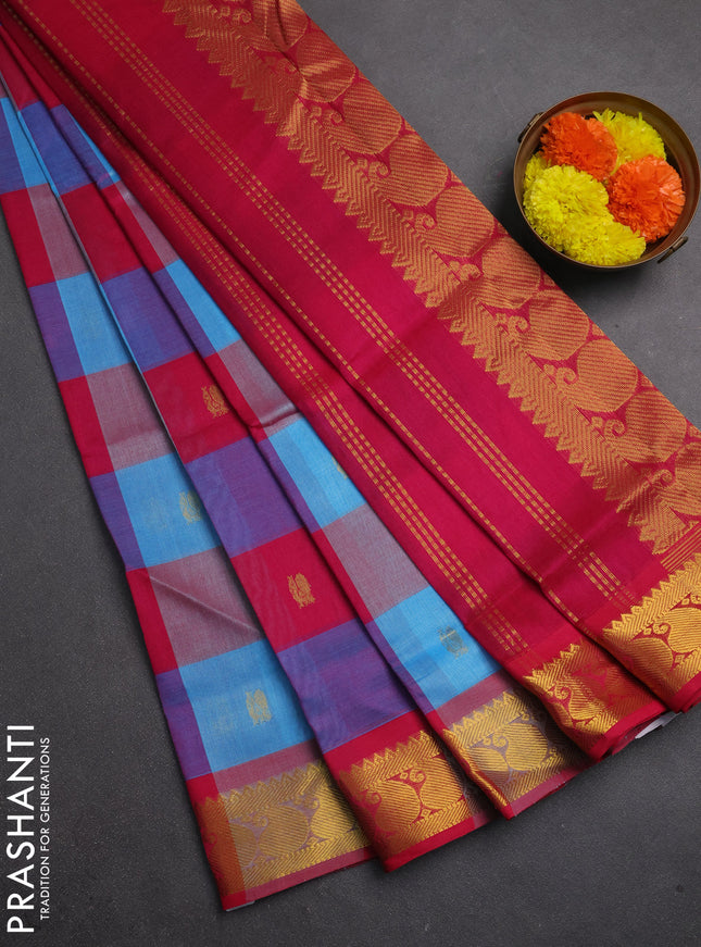 Silk cotton saree multi colour and pink with allover paalum pazhamum checks & zari buttas and paisley zari woven border