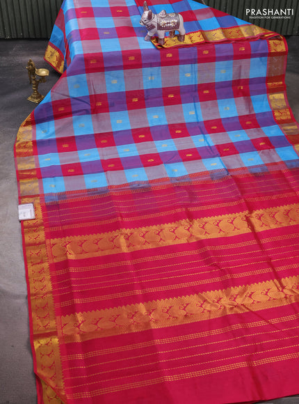 Silk cotton saree multi colour and pink with allover paalum pazhamum checks & zari buttas and paisley zari woven border