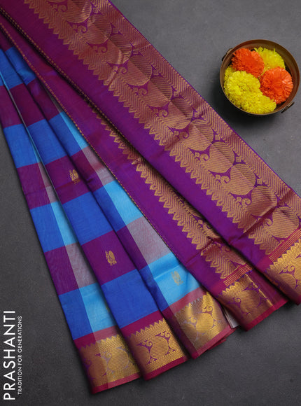 Silk cotton saree multi colour and purple with allover paalum pazhamum checks & zari buttas and paisley zari woven border