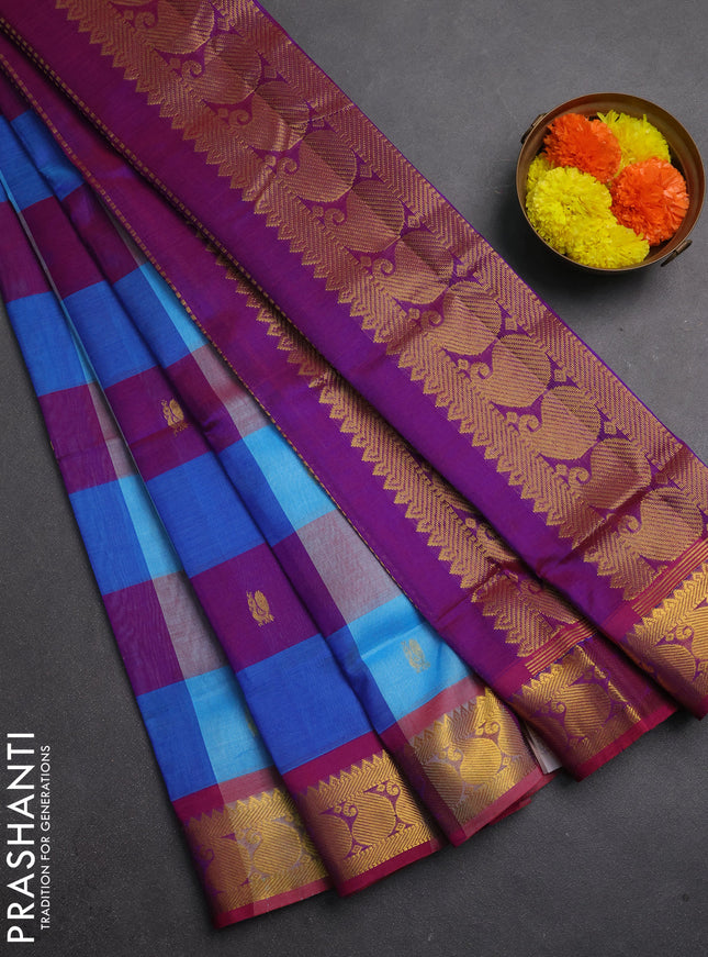 Silk cotton saree multi colour and purple with allover paalum pazhamum checks & zari buttas and paisley zari woven border
