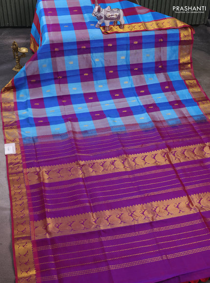 Silk cotton saree multi colour and purple with allover paalum pazhamum checks & zari buttas and paisley zari woven border