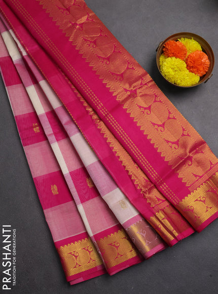 Silk cotton saree cream and pink with allover paalum pazhamum checks & zari buttas and paisley zari woven border