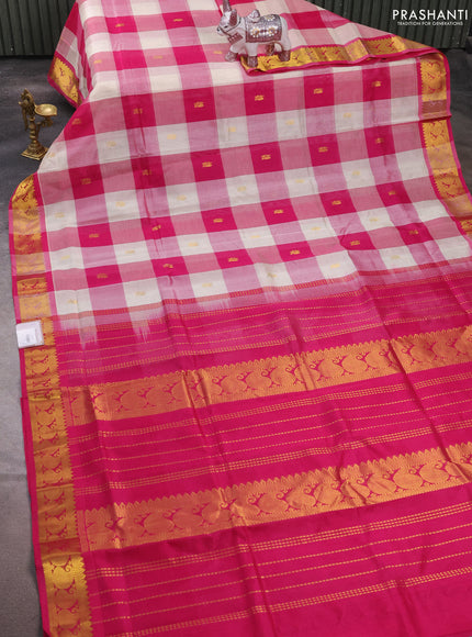 Silk cotton saree cream and pink with allover paalum pazhamum checks & zari buttas and paisley zari woven border