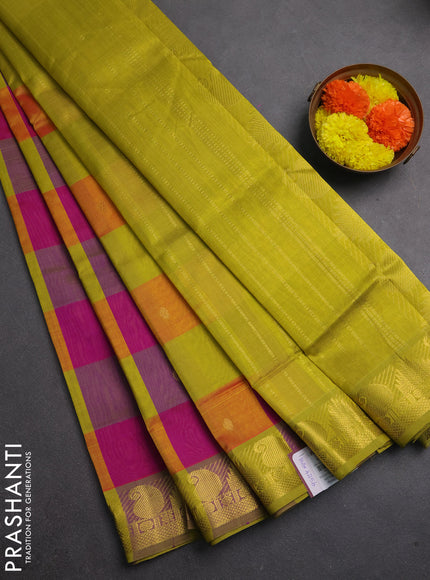 Silk cotton saree multi colour and light green with allover paalum pazhamum checks & zari buttas and temple & paisley zari woven border