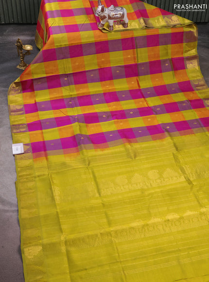 Silk cotton saree multi colour and light green with allover paalum pazhamum checks & zari buttas and temple & paisley zari woven border
