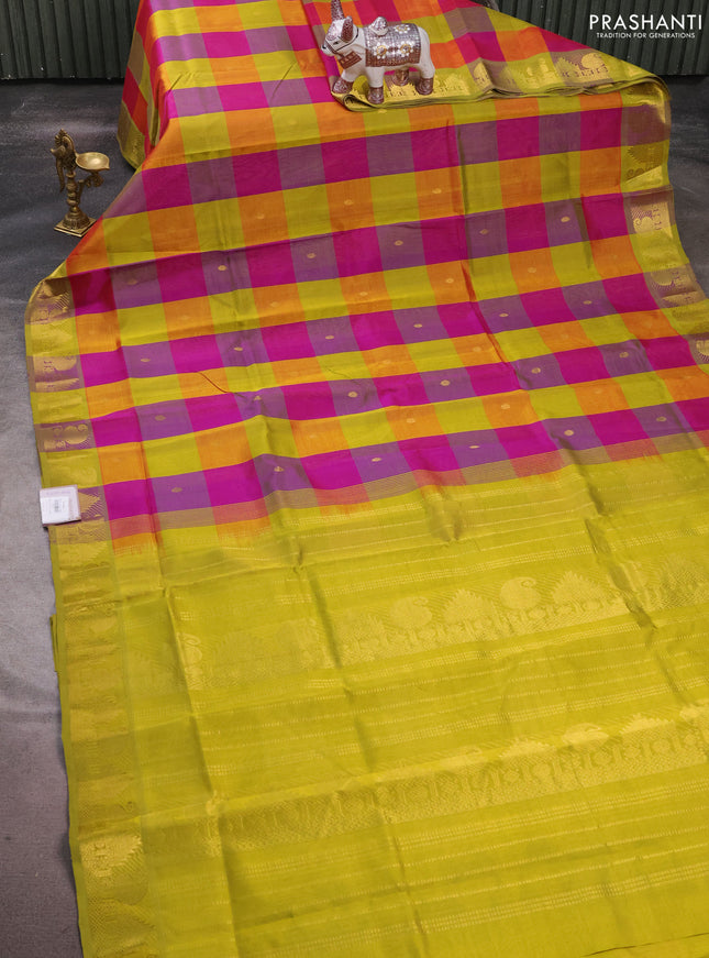 Silk cotton saree multi colour and light green with allover paalum pazhamum checks & zari buttas and temple & paisley zari woven border