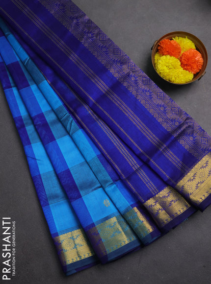 Silk cotton saree cs blue and blue with allover paalum pazhamum checks & zari buttas and zari woven border