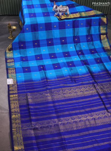 Silk cotton saree cs blue and blue with allover paalum pazhamum checks & zari buttas and zari woven border