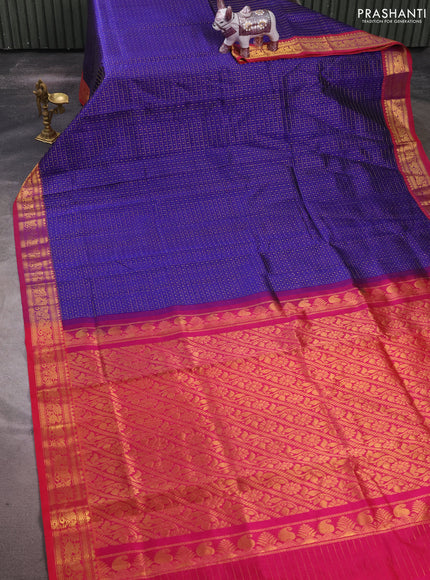 Silk cotton saree blue and pink with allover lakshadeepam pattern and zari woven border