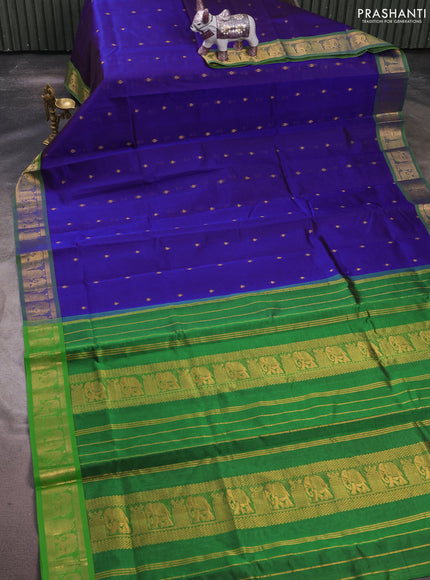 Silk cotton saree blue and green with zari woven buttas and elephant zari woven border