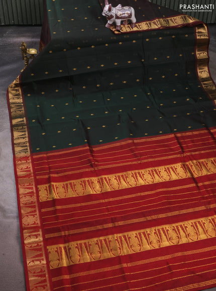 Silk cotton saree bottle green and maroon with zari woven buttas and zari woven border