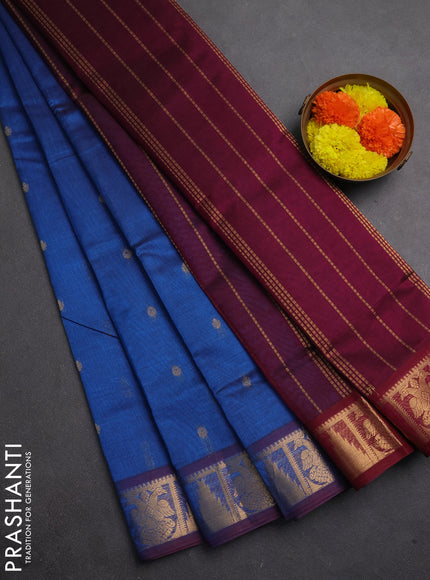 Silk cotton saree cs blue and wine shade with zari woven buttas and zari woven border