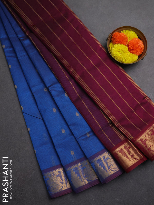 Silk cotton saree cs blue and wine shade with zari woven buttas and zari woven border
