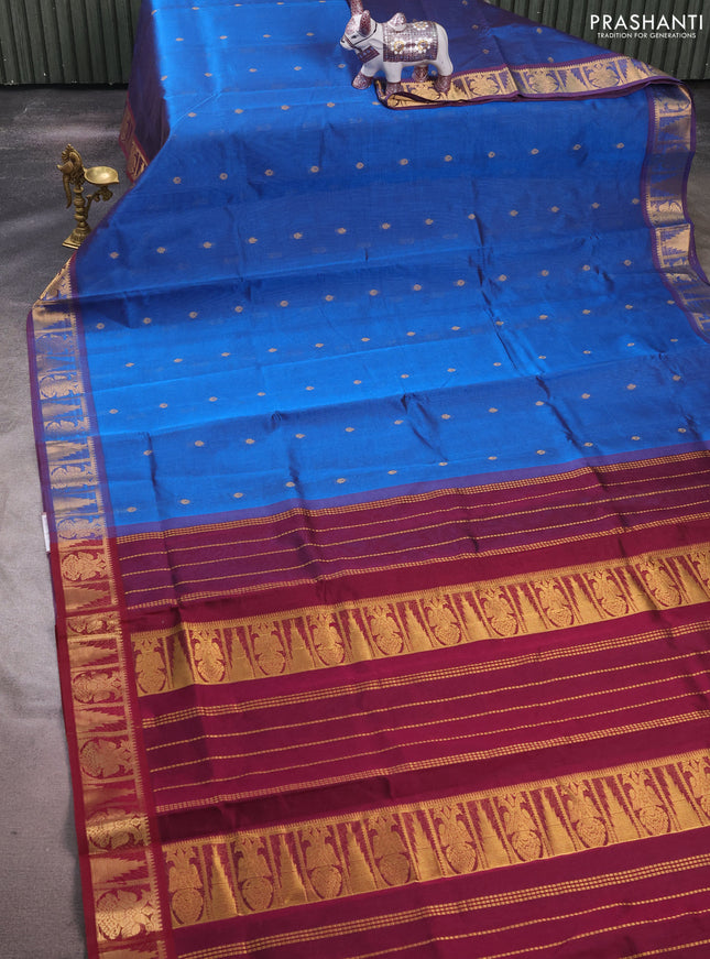 Silk cotton saree cs blue and wine shade with zari woven buttas and zari woven border