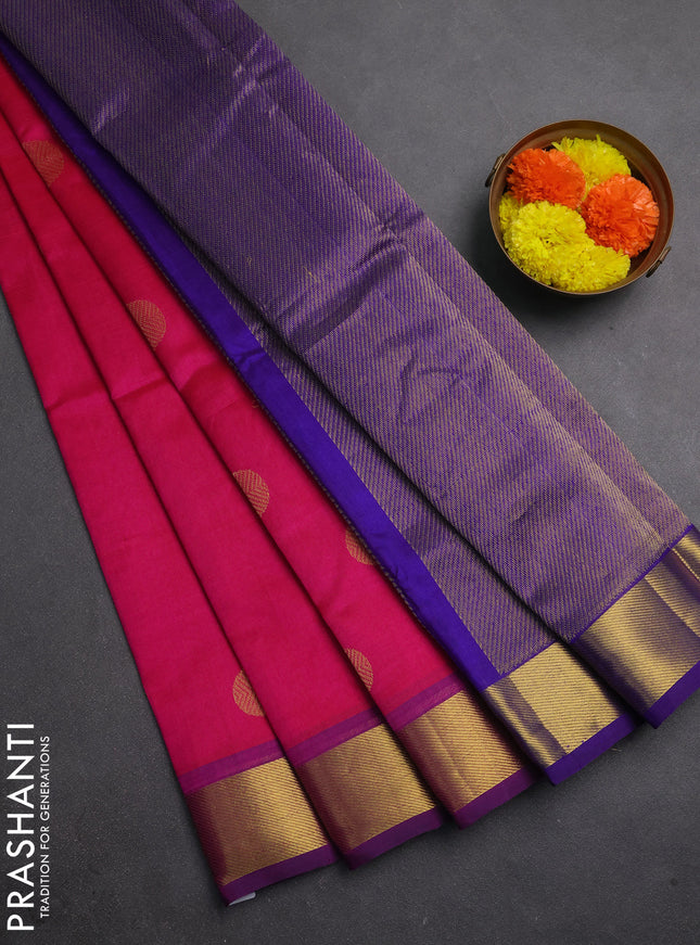 Silk cotton saree pink and violet with rudharaksha zari woven buttas and zari woven border